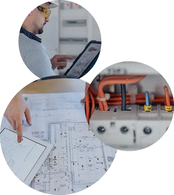 Man reviewing blueprints and wiring.