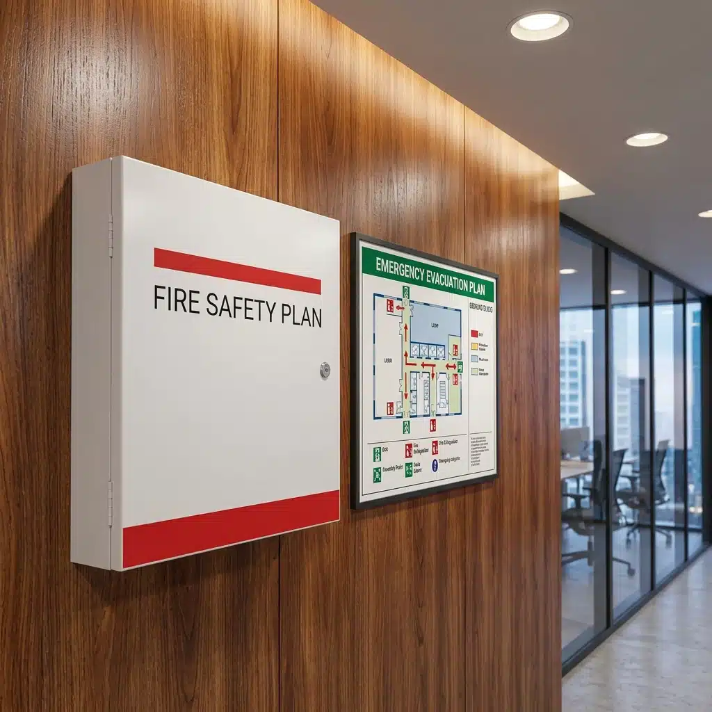Fire safety and evacuation plans displayed